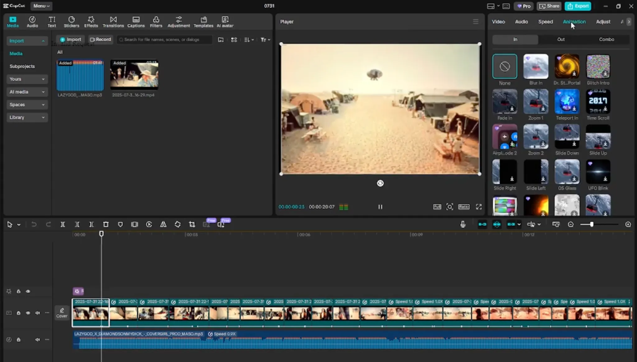 CapCut editing interface showing timeline-based video editing