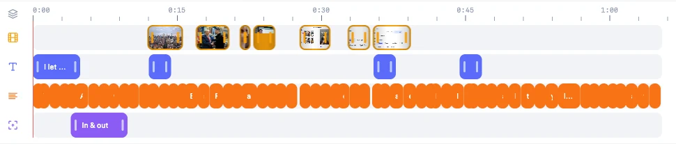 Timeline with the B-roll lane showing clip thumbnails above the text, subtitle and camera motion lanes