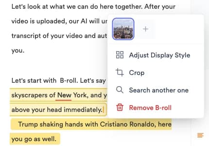 Clip menu opened from a highlighted phrase, with the current clip thumbnail, a plus button, Adjust Display Style, Crop, Search another one and Remove B-roll