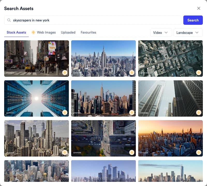 Search Assets window with the search skyscrapers in new york, tabs for Stock Assets, Web Images, Uploaded and Favourites, Video and Landscape filters, and a grid of stock clips