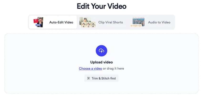 Jupitrr Home with Auto-Edit Video selected and the Upload video box with a Choose a video link and a Trim & Stitch first button