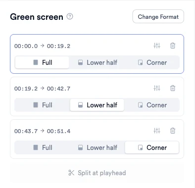 Green screen panel with three cutout parts, each with a time range and Full, Lower half and Corner layout options, and a Split at playhead button
