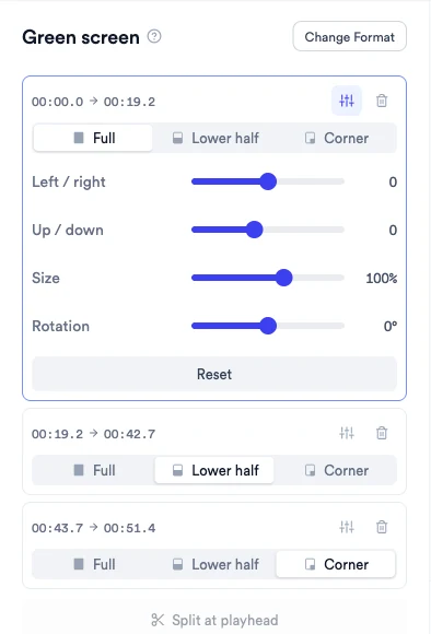 Fine-tune controls for a cutout part with Left / right, Up / down, Size and Rotation sliders and a Reset button