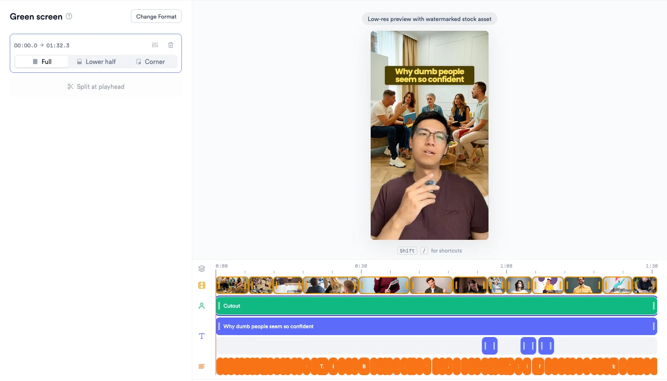 Editor showing a Green screen first cut: the speaker cut out in front of B-roll of people in a meeting, the hook at the top, and the timeline with B-roll, Cutout, hook, text and subtitle lanes