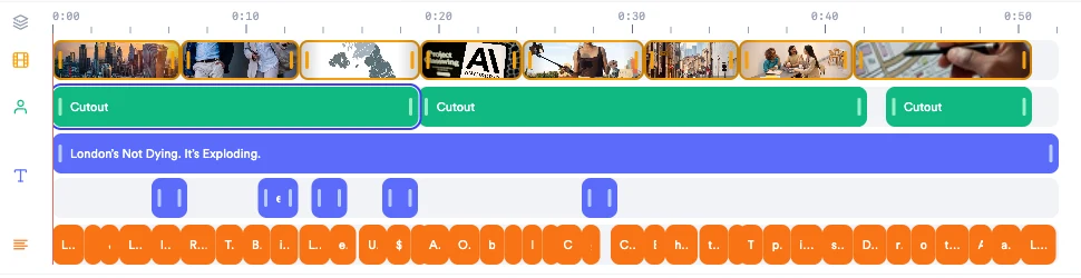 Timeline with B-roll on the top lane and three green Cutout bars on the speaker lane below it