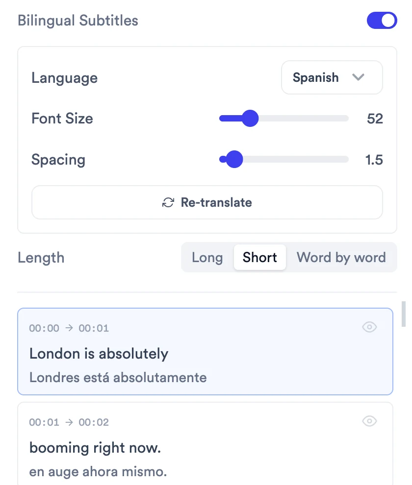 Bilingual Subtitles switched on with Language set to Spanish, Font Size 52, Spacing 1.5, a Re-translate button, and subtitle cards showing each English line with its Spanish translation underneath