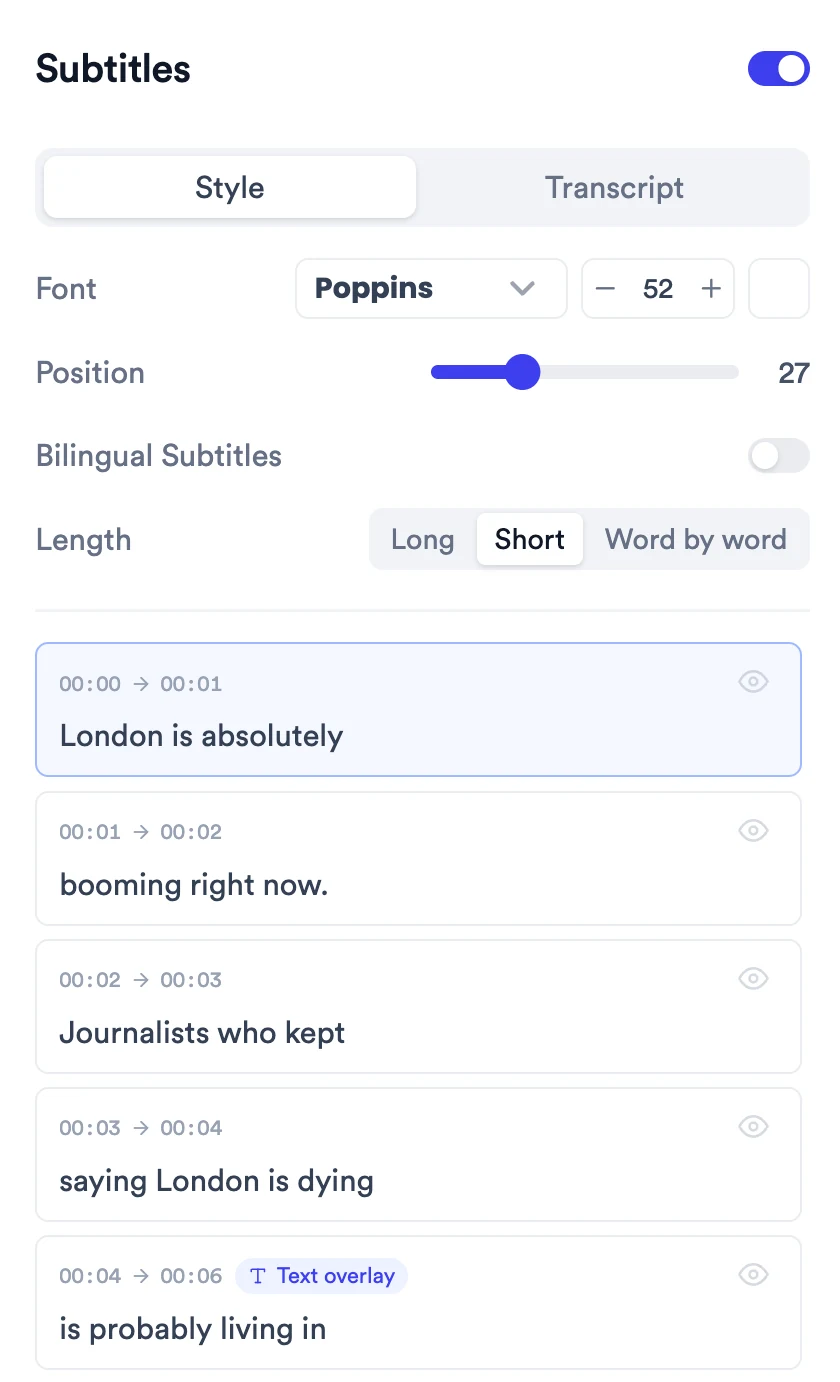 Subtitles panel in Style view with Font set to Poppins at size 52, a Position slider at 27, the Bilingual Subtitles switch, Length options Long, Short and Word by word, and subtitle line cards with timings and eye icons