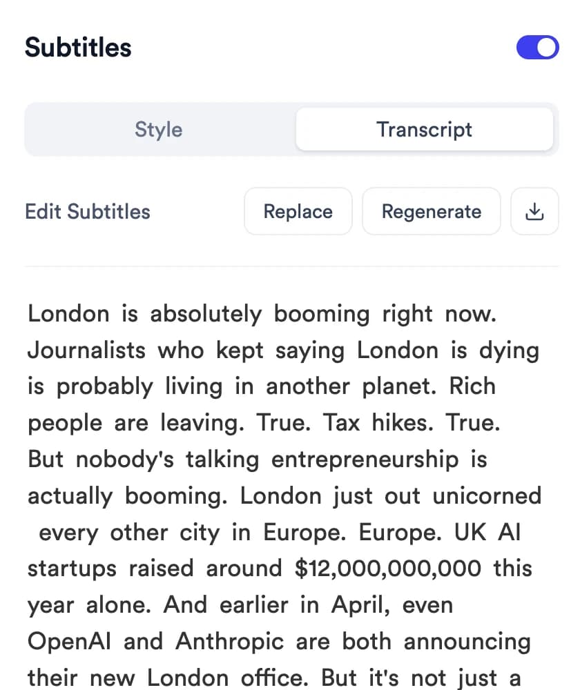 Subtitles panel in Transcript view, with Edit Subtitles, Replace, Regenerate and download buttons above the full transcript text