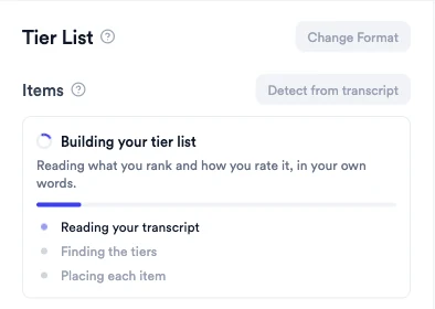 Tier List panel showing Building your tier list with steps Reading your transcript, Finding the tiers and Placing each item
