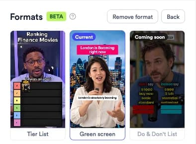 Formats grid with Remove format and Back buttons above the Tier List and Green screen tiles
