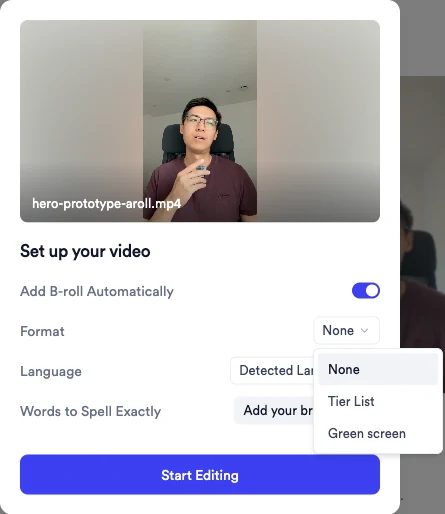 Set up your video window with the Format menu open showing None, Tier List and Green screen