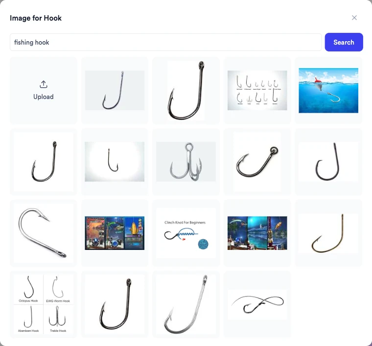 Image for Hook window with a web image search for fishing hook, an Upload tile and a grid of results