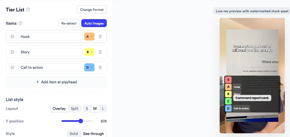 Tier List panel with three items, Hook in tier A, Story in tier B and Call to action in tier D, next to the video preview showing the ranking board