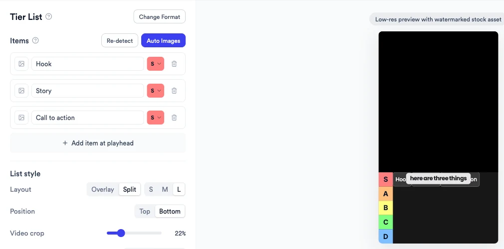 List style with Layout set to Split, Position Bottom and Video crop, and the preview showing the video above a tier board with S, A, B, C and D rows