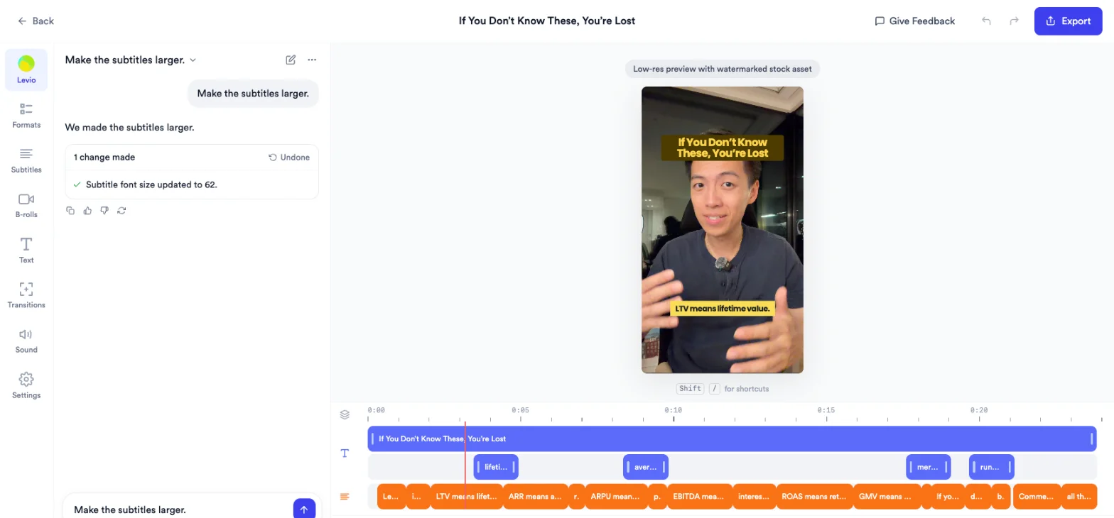 Jupitrr editor after a draft was undone: the change card shows Undone, the request is back in the Ask Levio box, and the Formats, Subtitles, B-rolls, Text, Transitions, Sound and Settings tabs and the timeline are available
