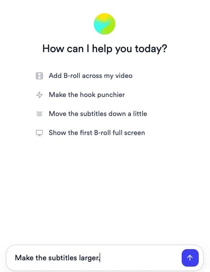 Levio chat panel with the request Make the subtitles larger. typed into the Ask Levio box