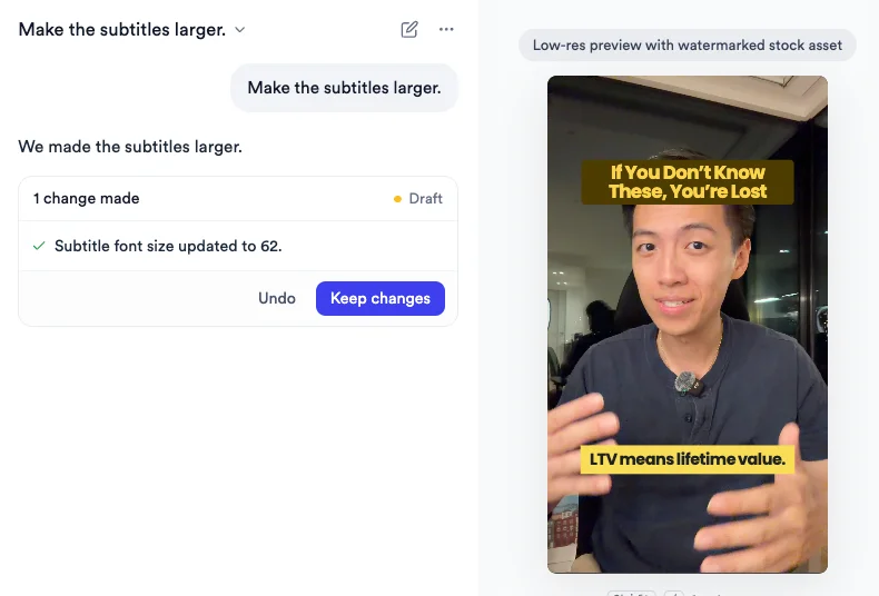 Levio change card reading 1 change made, Draft, Subtitle font size updated to 62, next to the video preview showing the larger subtitle