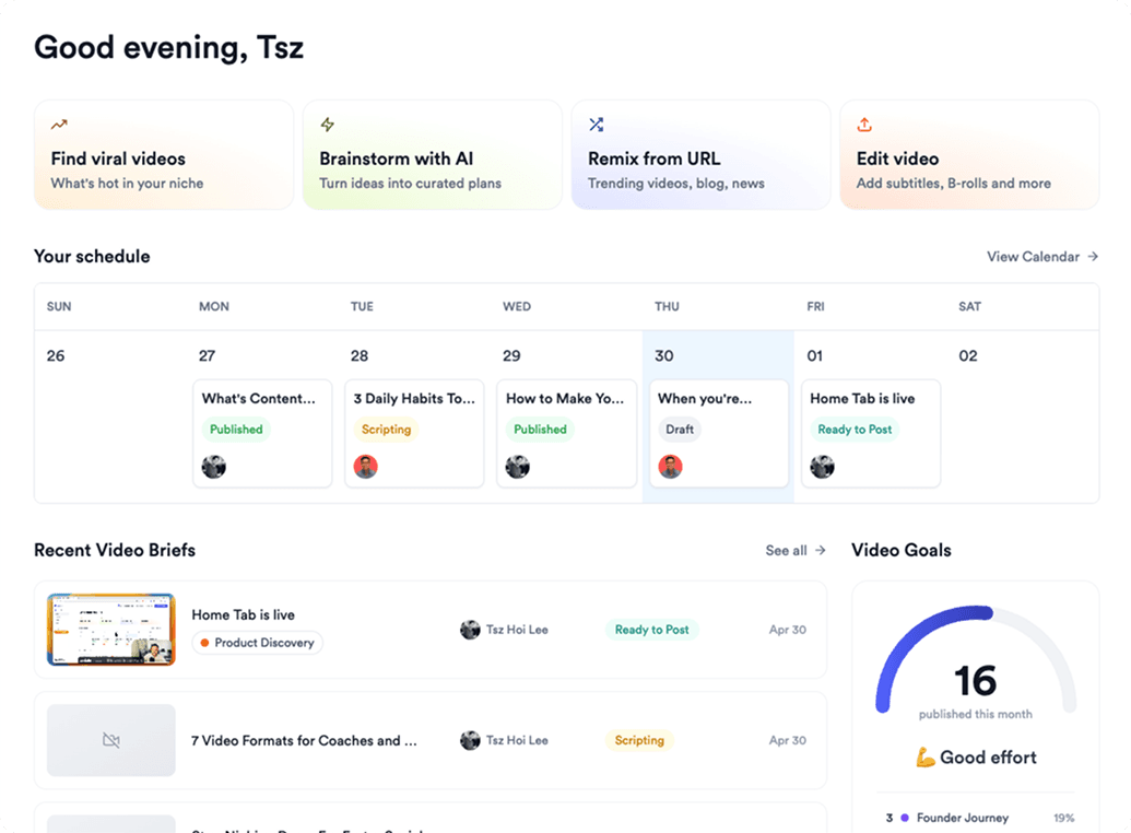 Team members assigned to calendar slots with status badges.