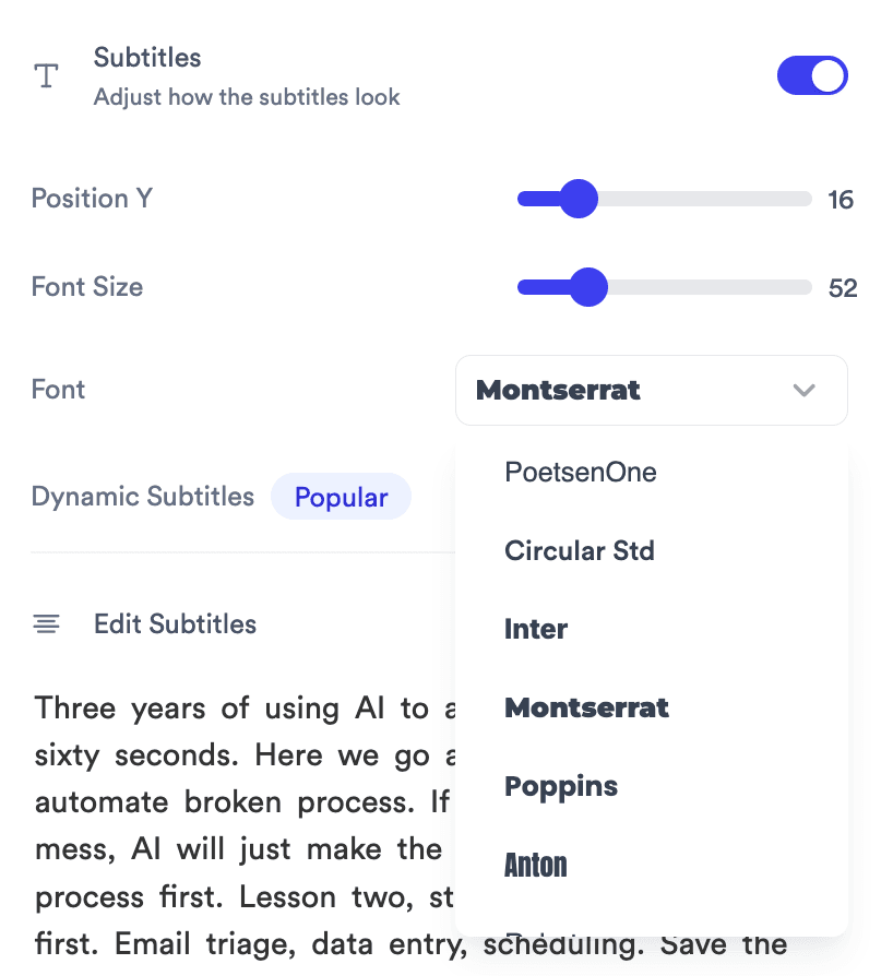 Jupitrr Subtitles inspector - Position Y, Font Size, Font, Dynamic Subtitles toggle.