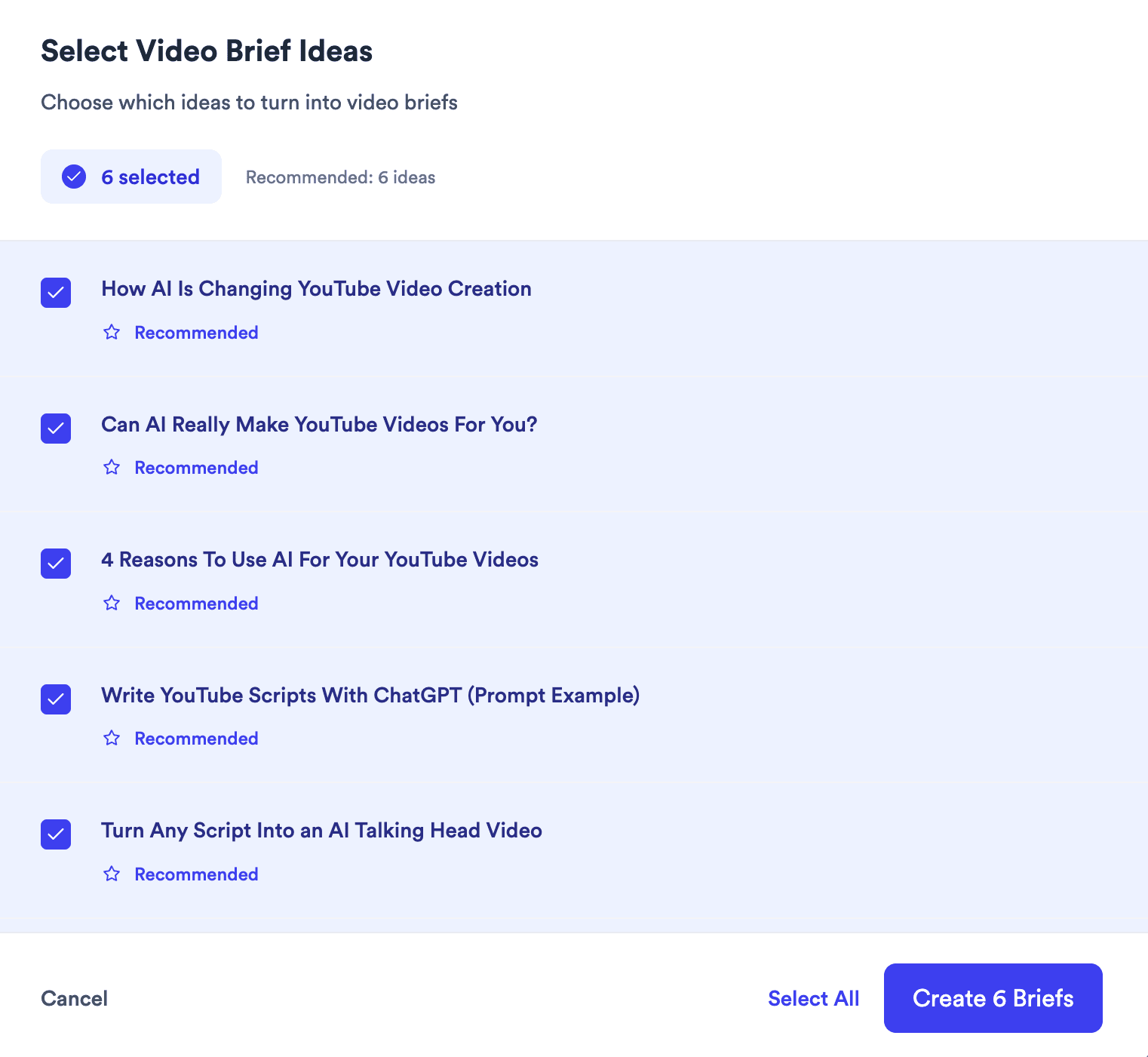 Jupitrr Select Video Script Ideas modal with multiple AI angles from a single article.