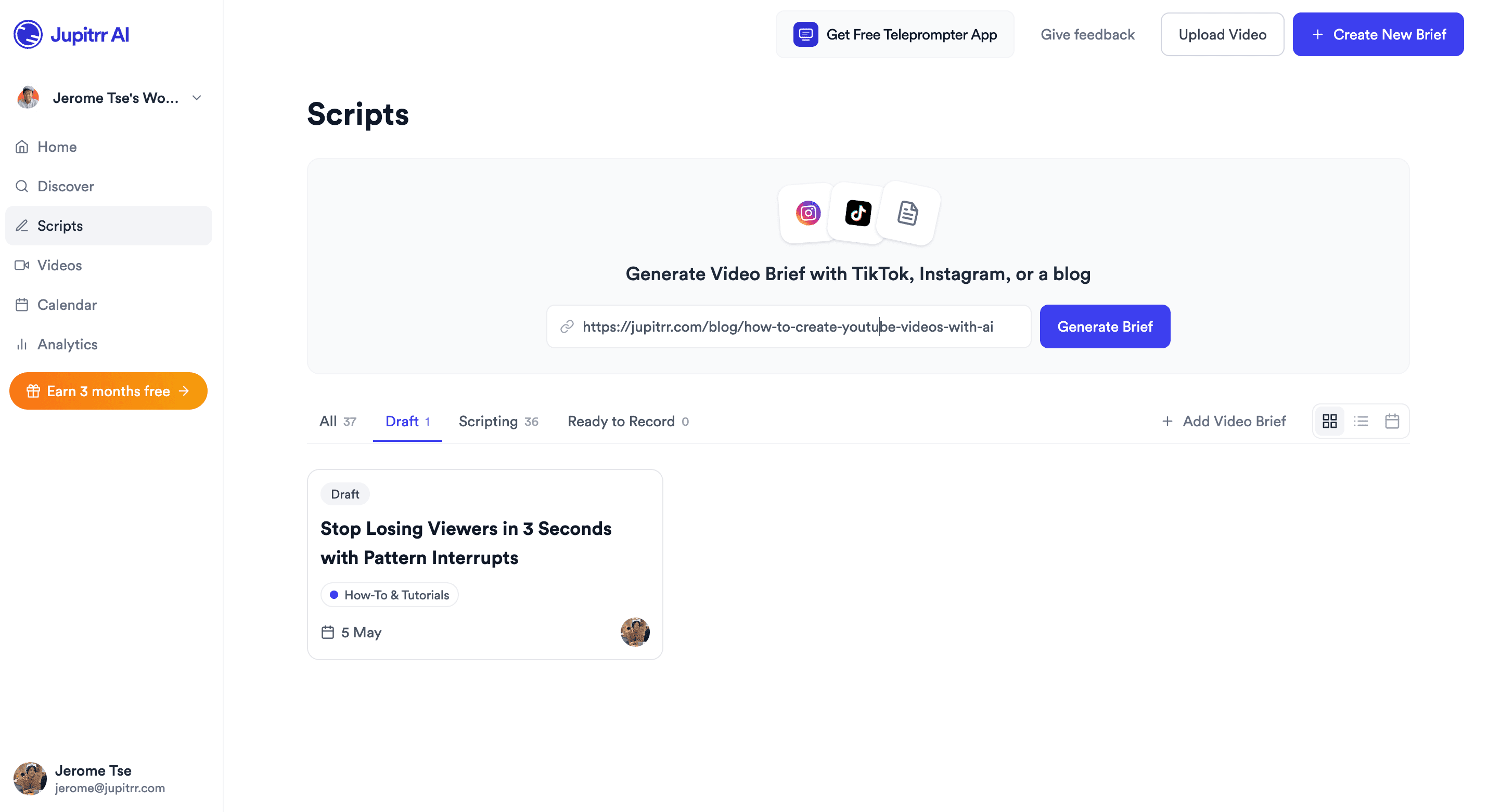 Jupitrr Scripts dashboard - paste a blog URL into the Generate Video Script bar.