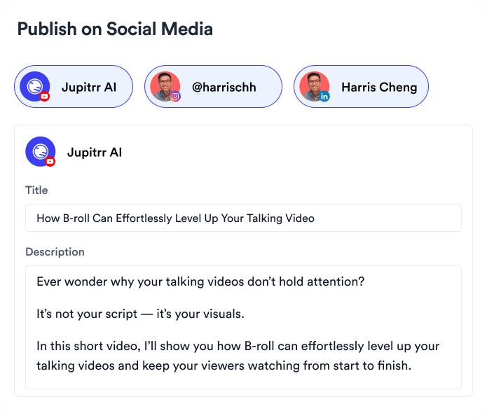Jupitrr Long to Short - clips captioned, reframed to vertical, and scheduled across platforms.