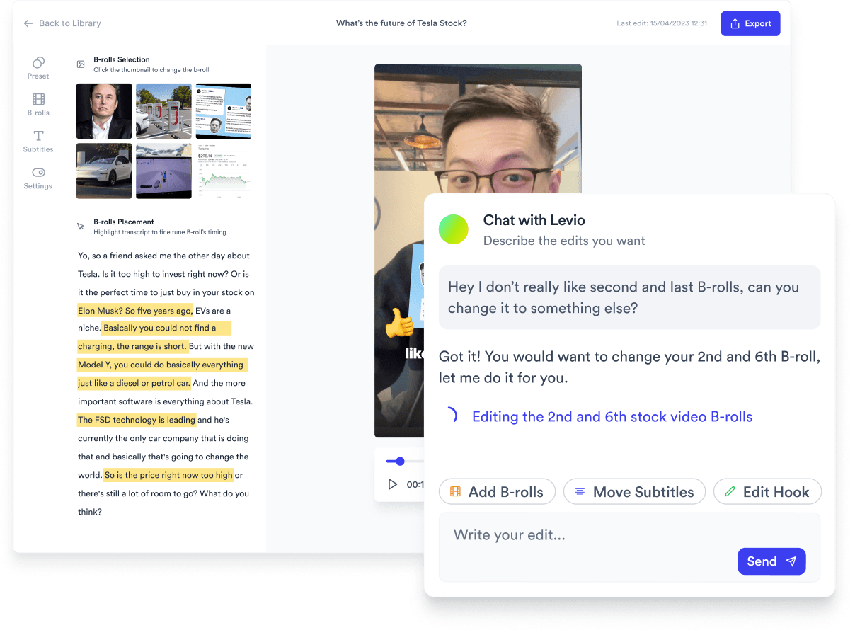 Edit-by-text panel - strike a word, audio and caption update.