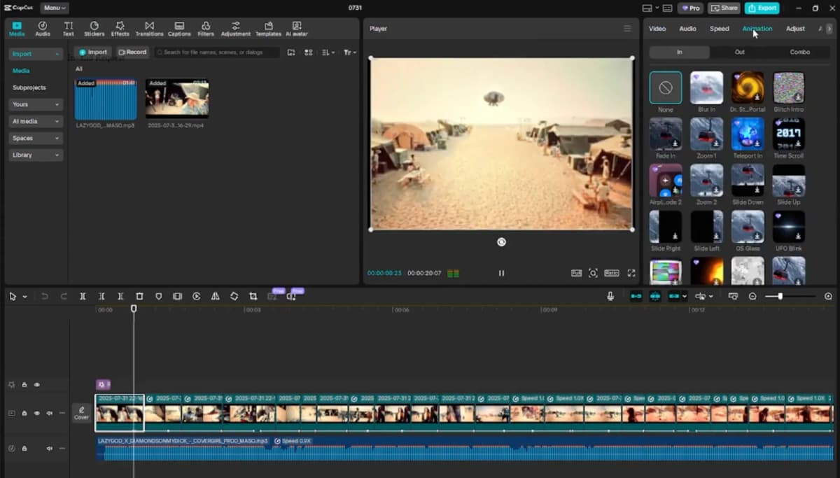 CapCut editing interface showing timeline-based video editing