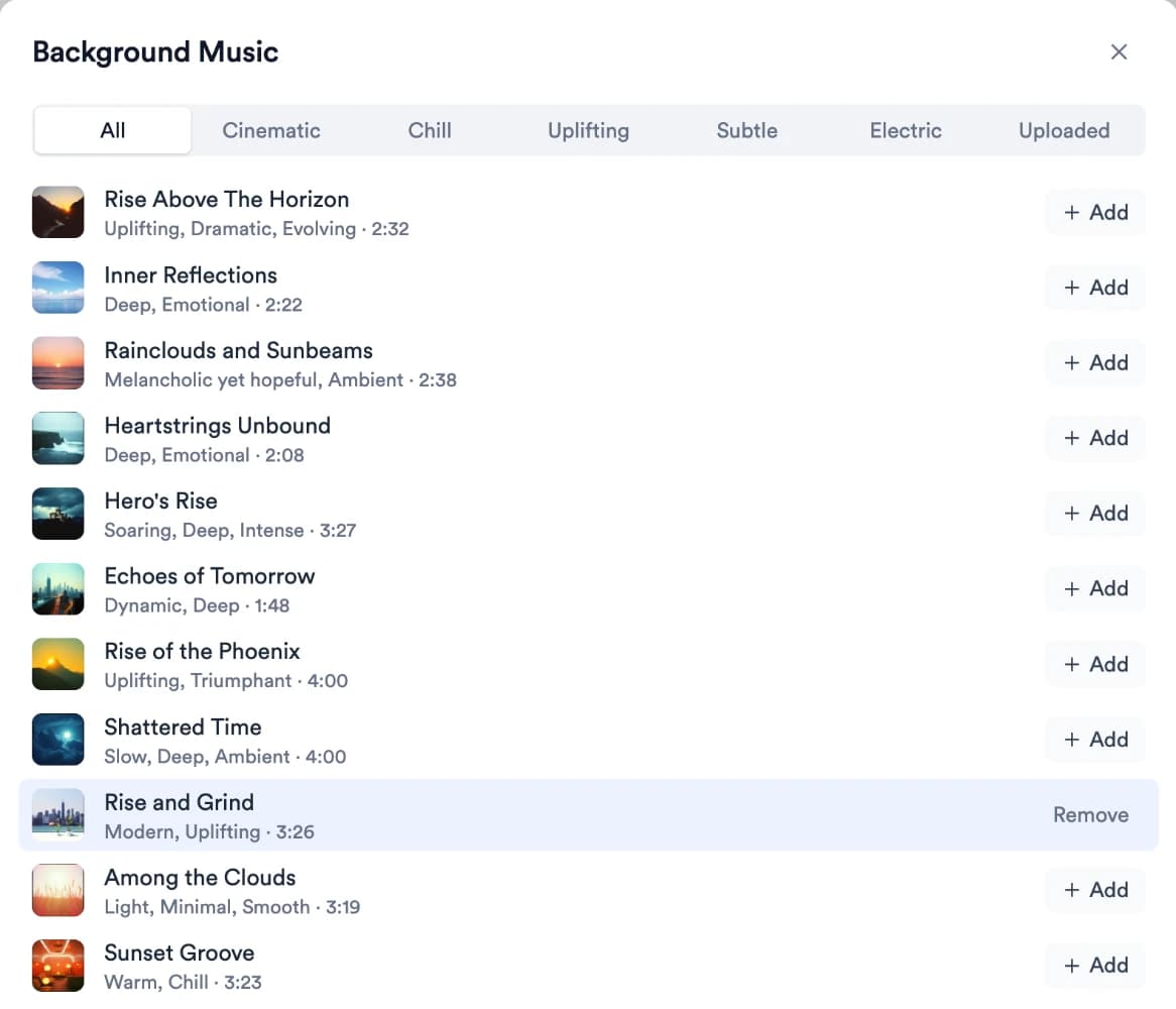 Background Music window with mood tabs All, Cinematic, Chill, Uplifting, Subtle, Electric and Uploaded, a list of tracks with moods and lengths and Add buttons, and Remove on the current track