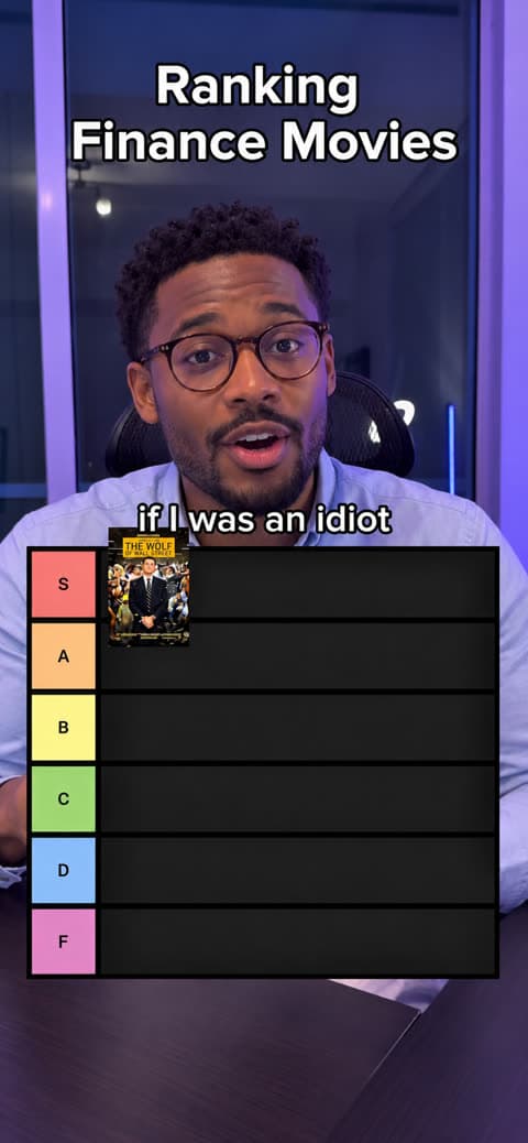 A Tier List video: a creator ranks finance movies to camera while the board fills in below them.