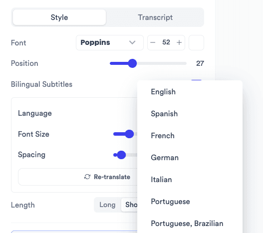 Jupitrr Subtitles tab with the bilingual subtitles language picker.