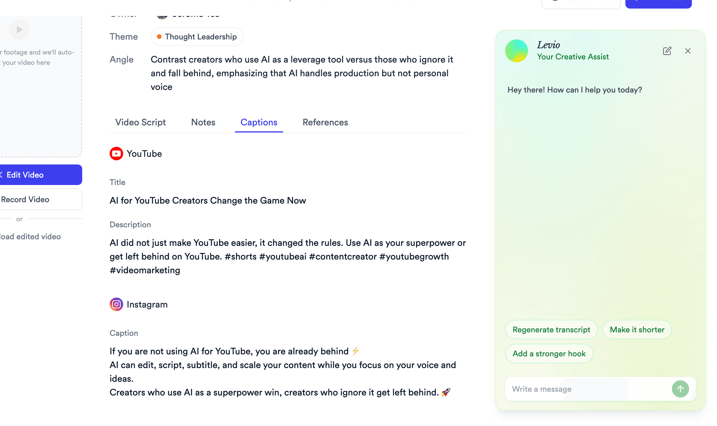 Jupitrr Captions tab - auto-generated YouTube title and description plus Instagram caption with hashtags.