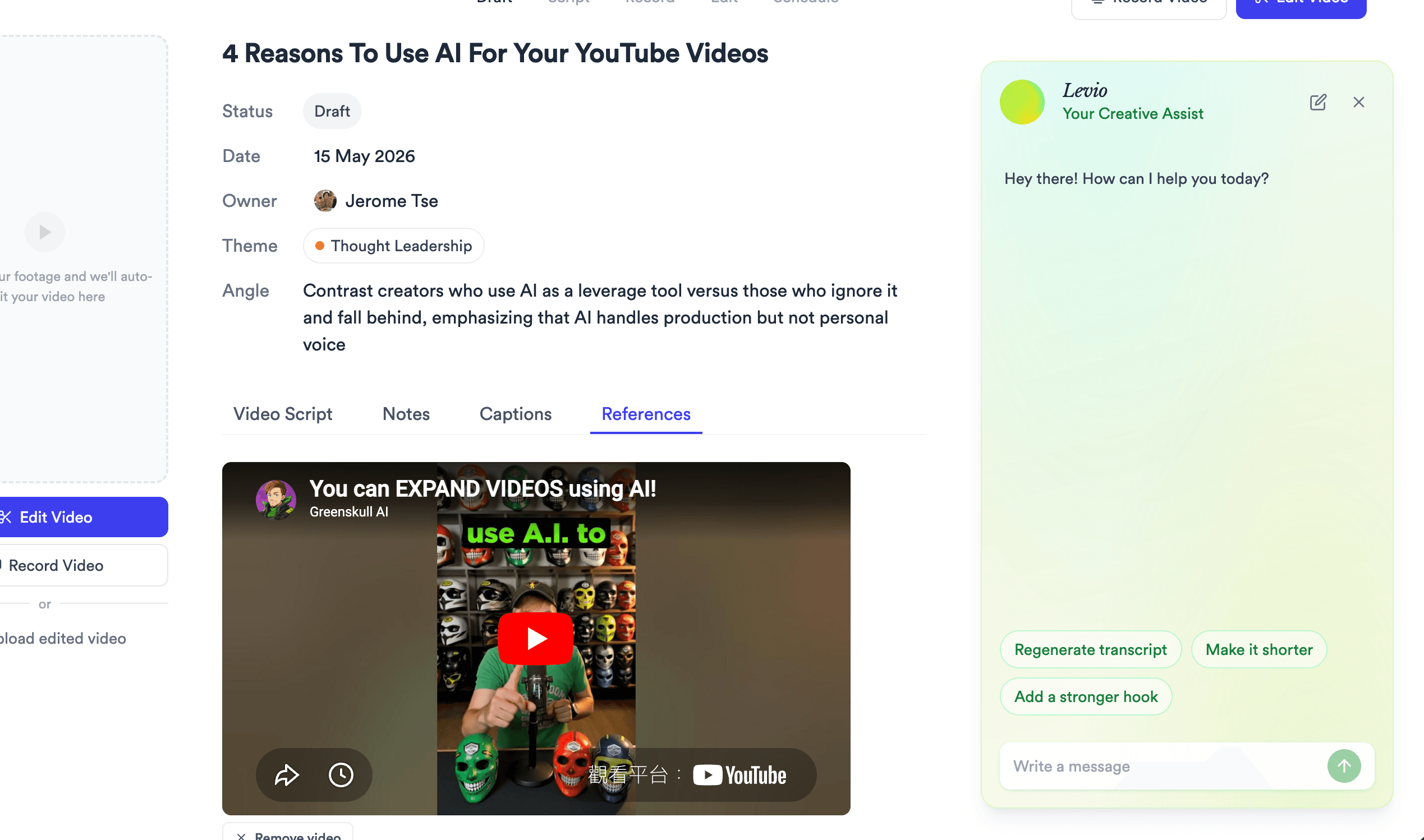 Jupitrr References tab - YouTube reference videos alongside the AI-generated script.