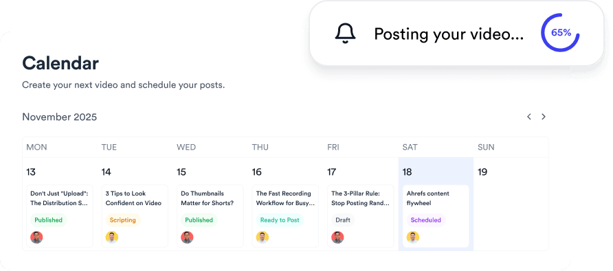 Jupitrr publishing calendar with scheduled and posted videos across platforms.