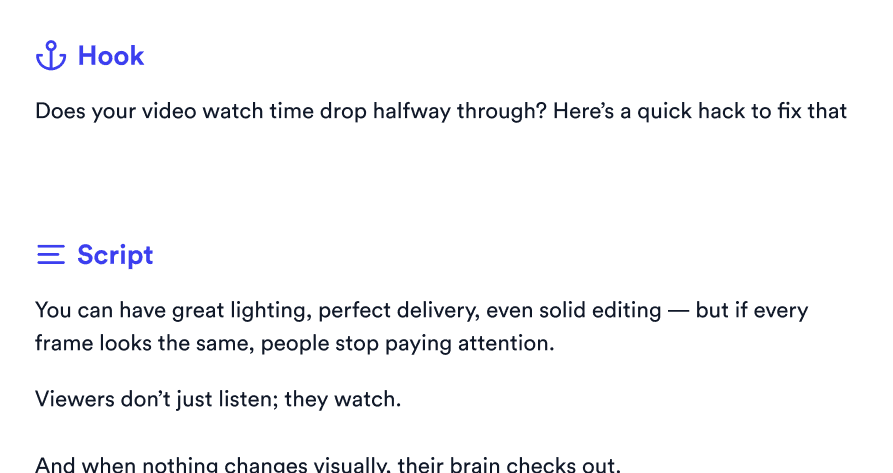 Hook and full script displayed for a viral video inside Jupitrr Discover.