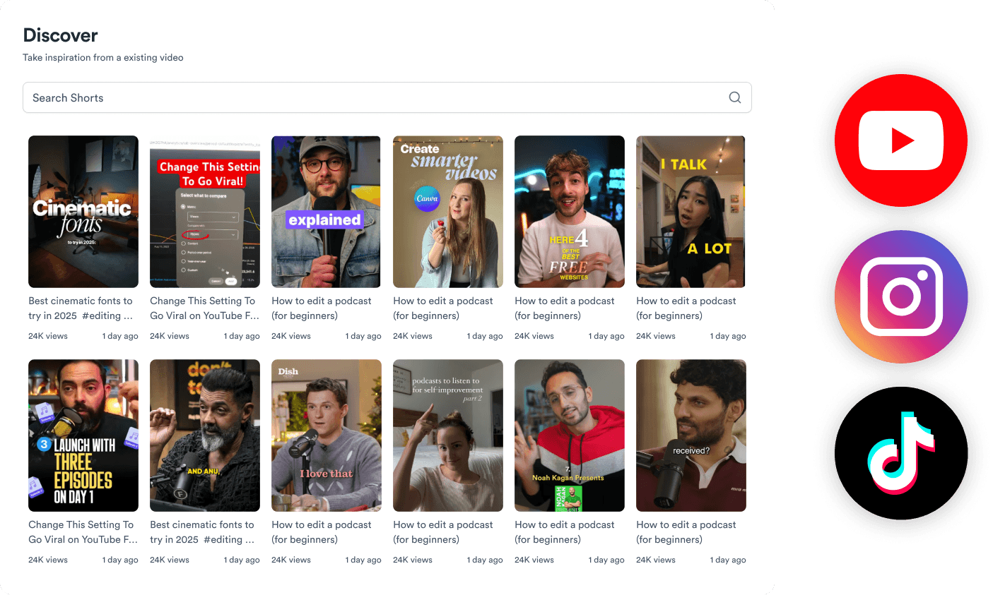 Jupitrr Viral Video Search - one search across YouTube, Instagram, and TikTok with outlier score, hooks, and scripts.