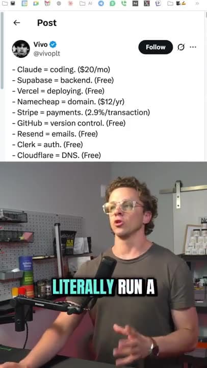 It's insane that you can literally run a startup as a one person for something like 20 bucks a month, free on Supabase, very self free and deploying, at least until you're successful and you gotta pay for it, $12 a year domain, Stripe payments, which is only a percentage of transaction, GitHub for version control, free, emails, free, in fact, all these free, free, free, free, free, free, because they're all free until you're doing volume and then you pay.